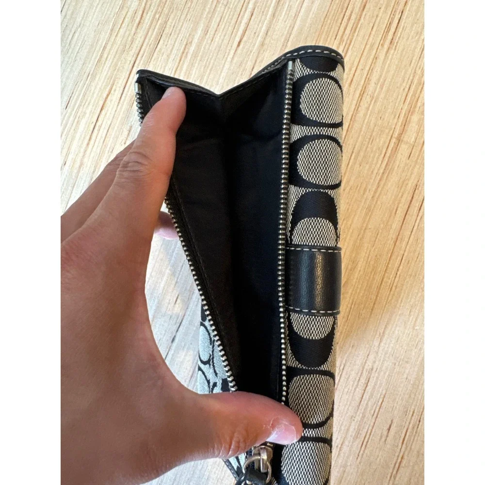 Coach Signature Jacquard Slim Envelope Wallet Black Grey Leather Trim Long 41